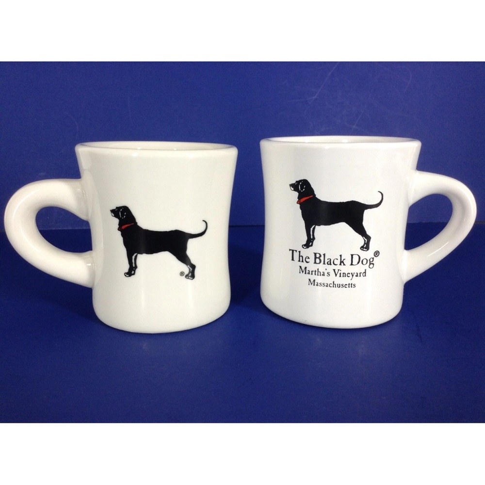 The Black Dog Mugs White Ceramic Diner Style Red Collar Heavy Lot of Two